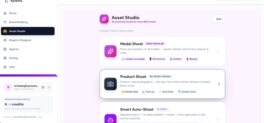 Kynema Asset Studio modes in the live app