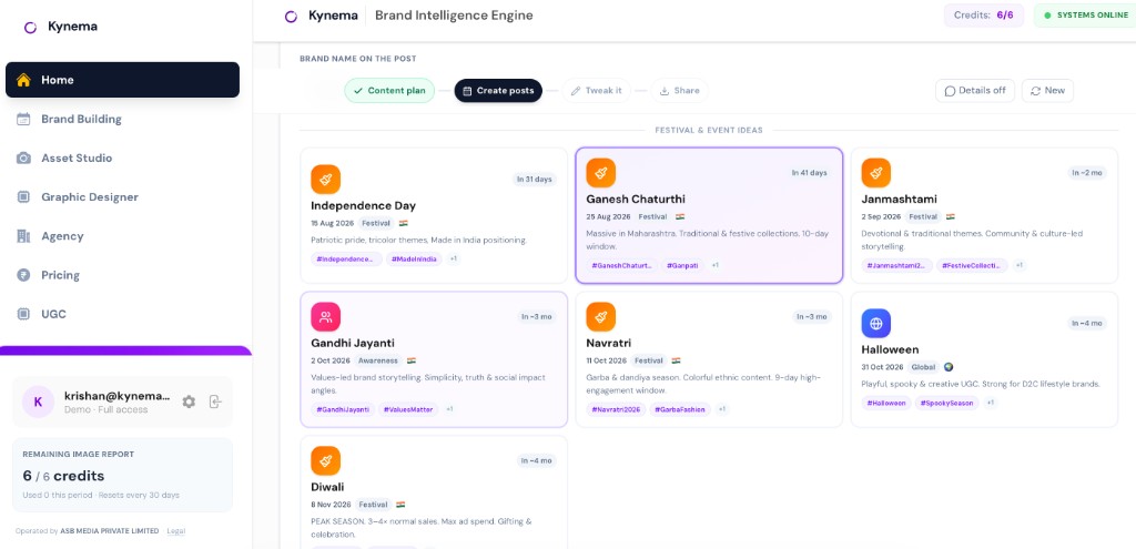 Kynema Home — festival and event content plan in the live app